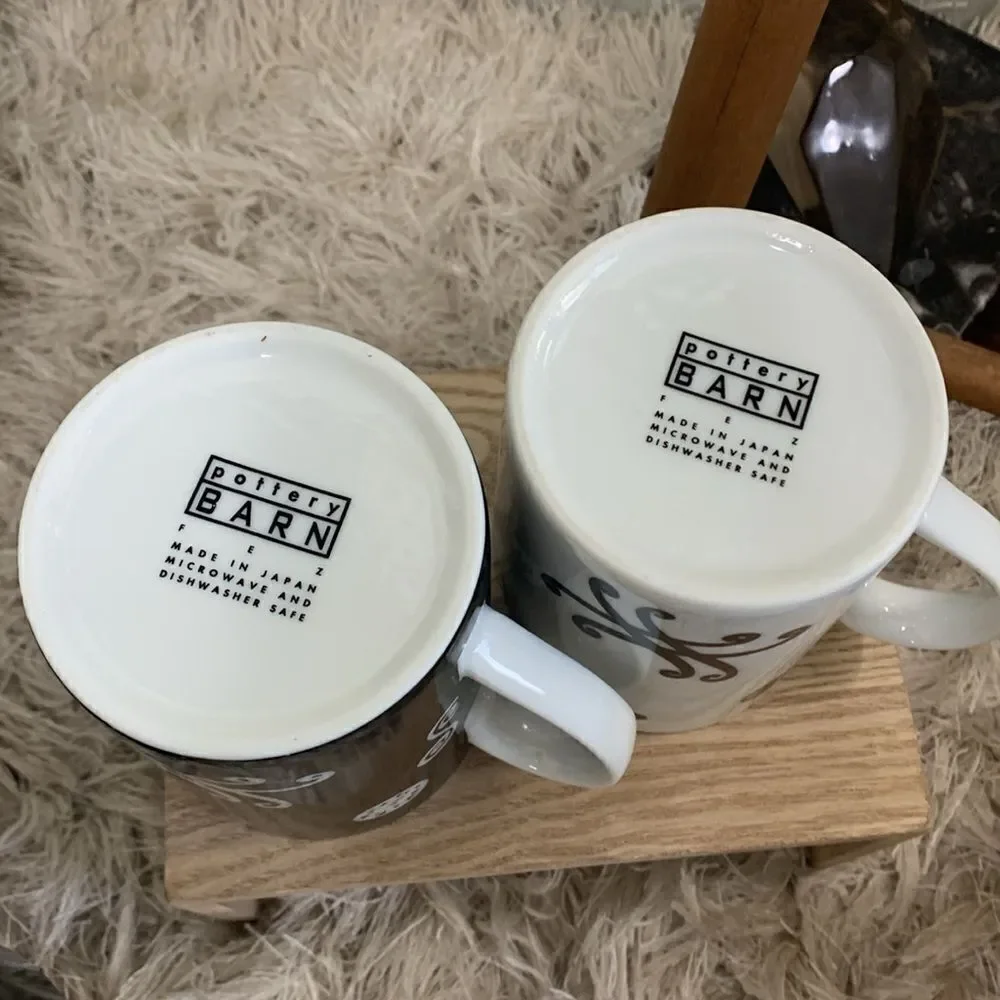Vintage Pottery Barn Fez Pattern Black and‎ White Swirl Coffee Cups Set Of 6